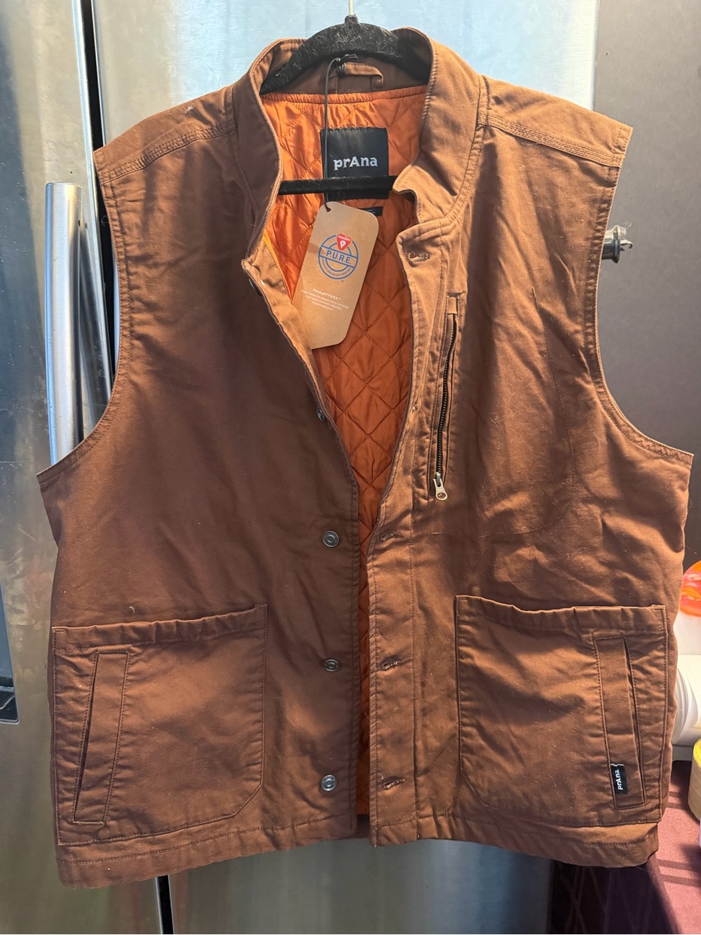 Prana Brown Work Vest with Orange Quilted Lining